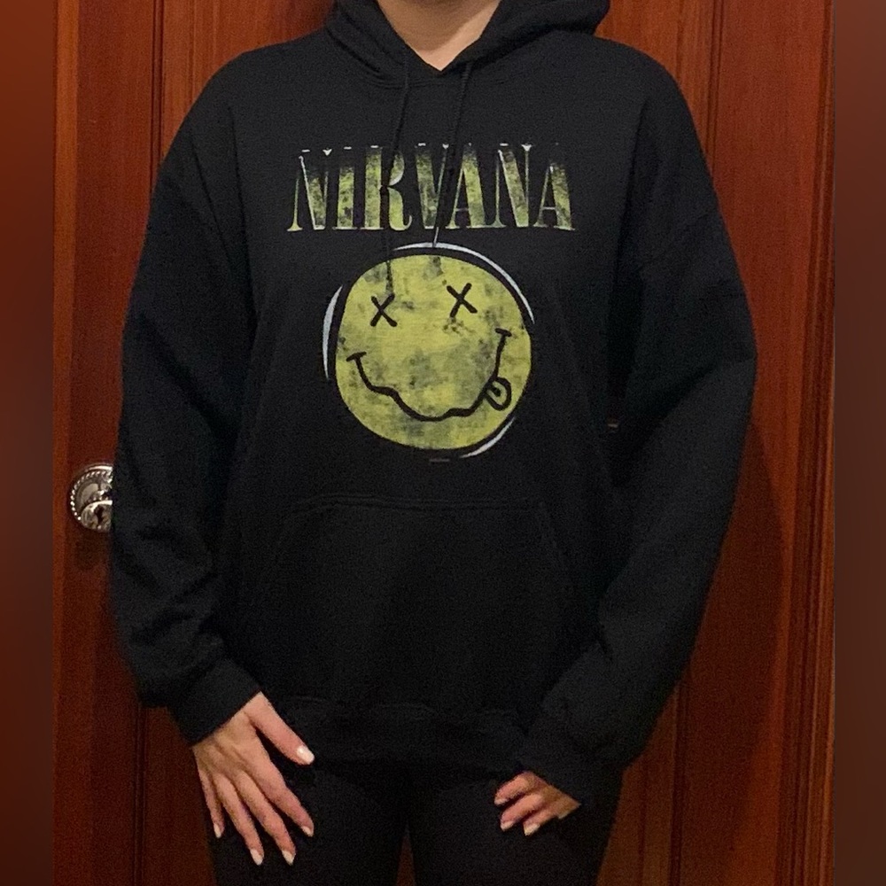 Nirvana Unisex Pullover Hoodie Sweatshirt Yellow Smiley Black Size Large